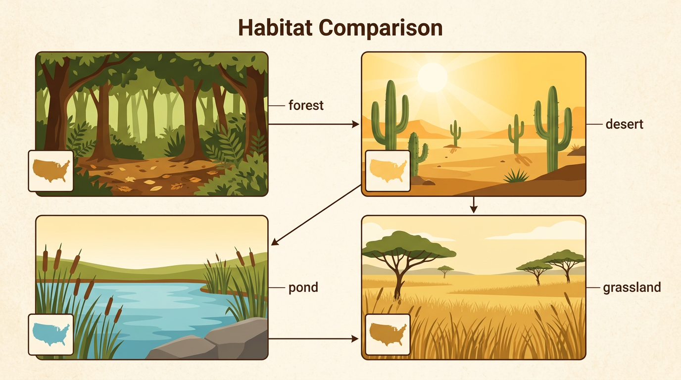 Four side-by-side scenes show a shady forest, a dry desert, a freshwater pond, and an open grassland.