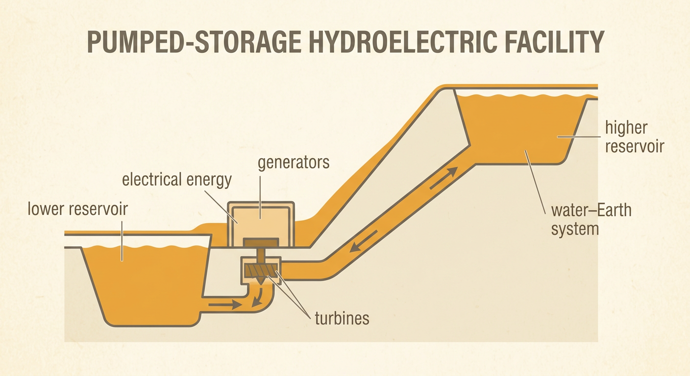 A pumped-storage facility moves water between lower and higher reservoirs and later sends it through turbines and generators.