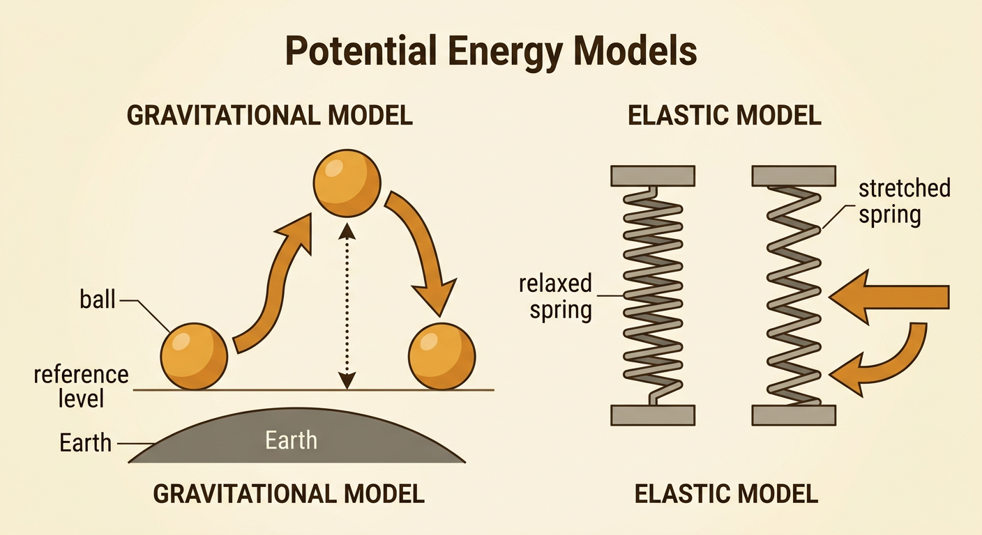 A paired scientific model shows a raised ball above Earth and a spring changing from relaxed to stretched.