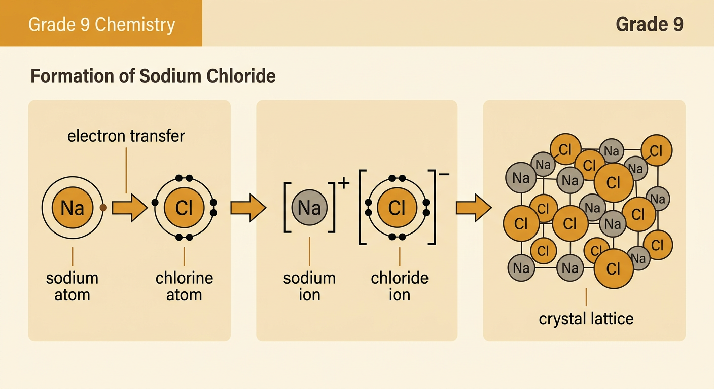 A sodium atom transfers one electron to a chlorine atom, producing oppositely charged ions arranged in a crystal lattice.