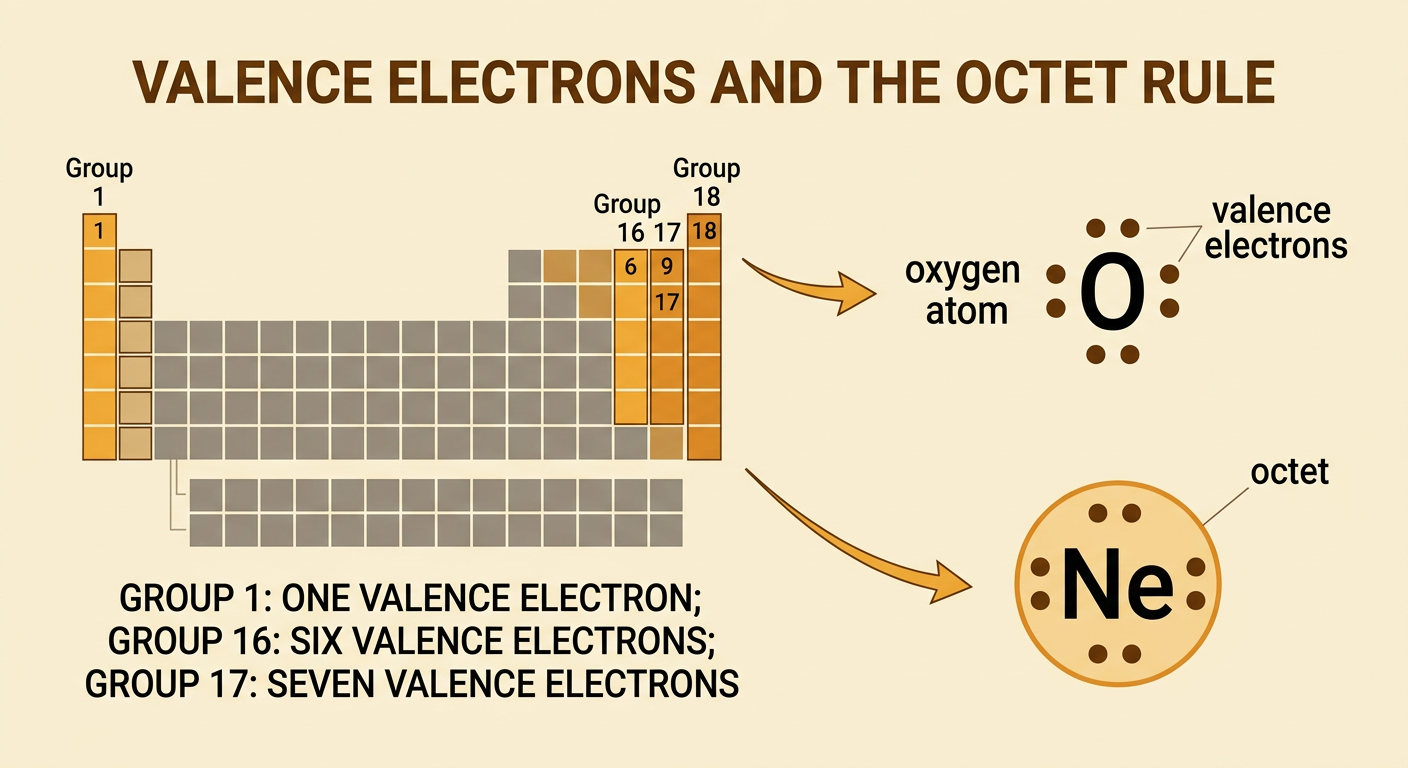 A Lewis dot diagram shows an oxygen atom with six outer dots and space for two more to complete an octet.