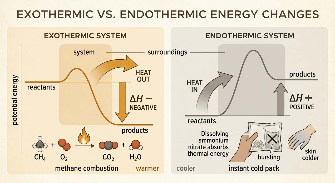 A split illustration compares heat flow in methane combustion and an instant cold pack.