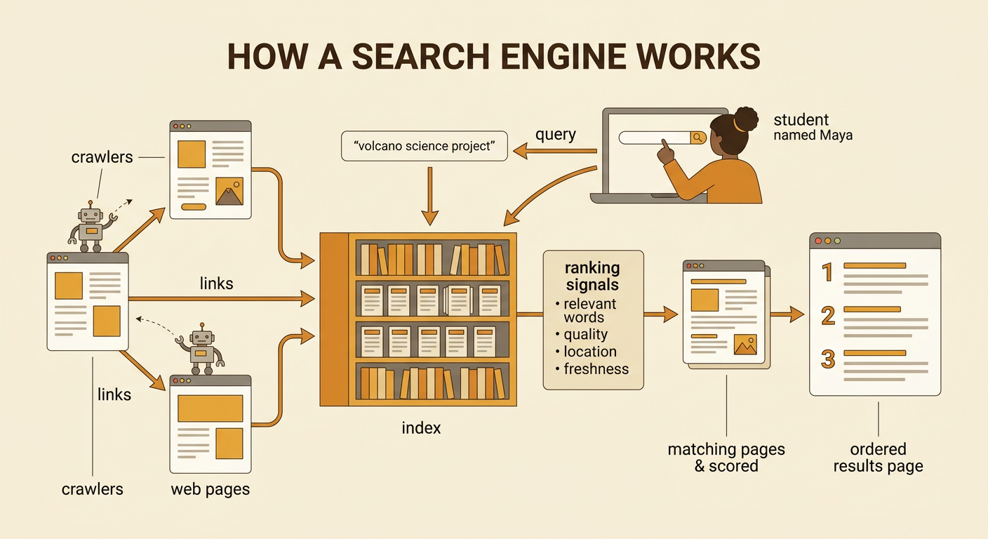 A search engine diagram shows crawlers finding web pages, adding them to an index, and using ranking signals to answer a query.