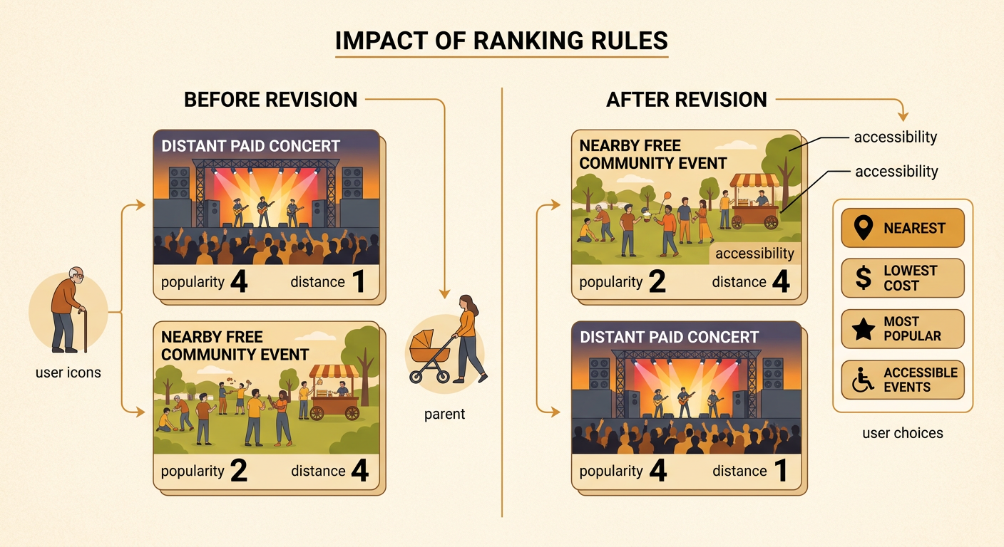 A local-events ranking compares a popular distant event with a nearby free event and shows fairer search options.