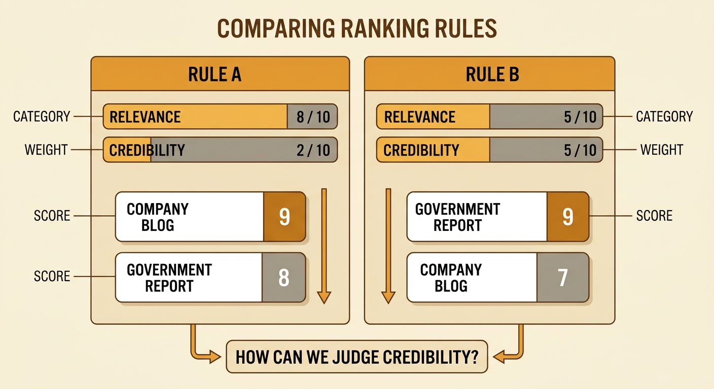 A side-by-side chart shows how Rule A and Rule B reverse the order of a company blog and a government report.