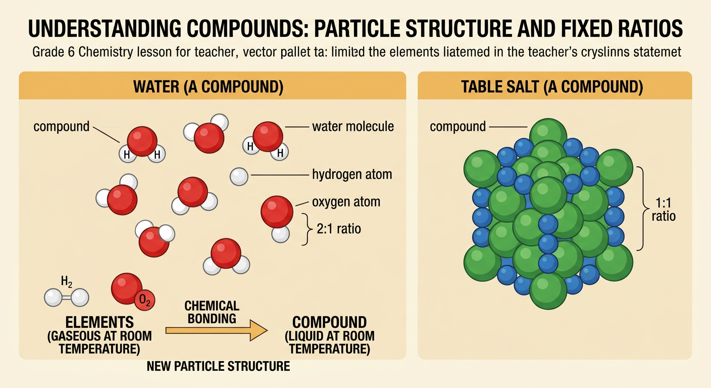 A particle diagram compares a water molecule with the repeating sodium-and-chloride structure of table salt.