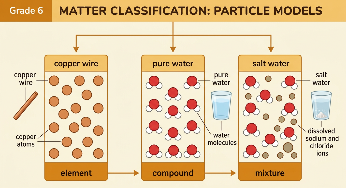 A three-panel particle diagram compares copper wire, pure water, and salt water.