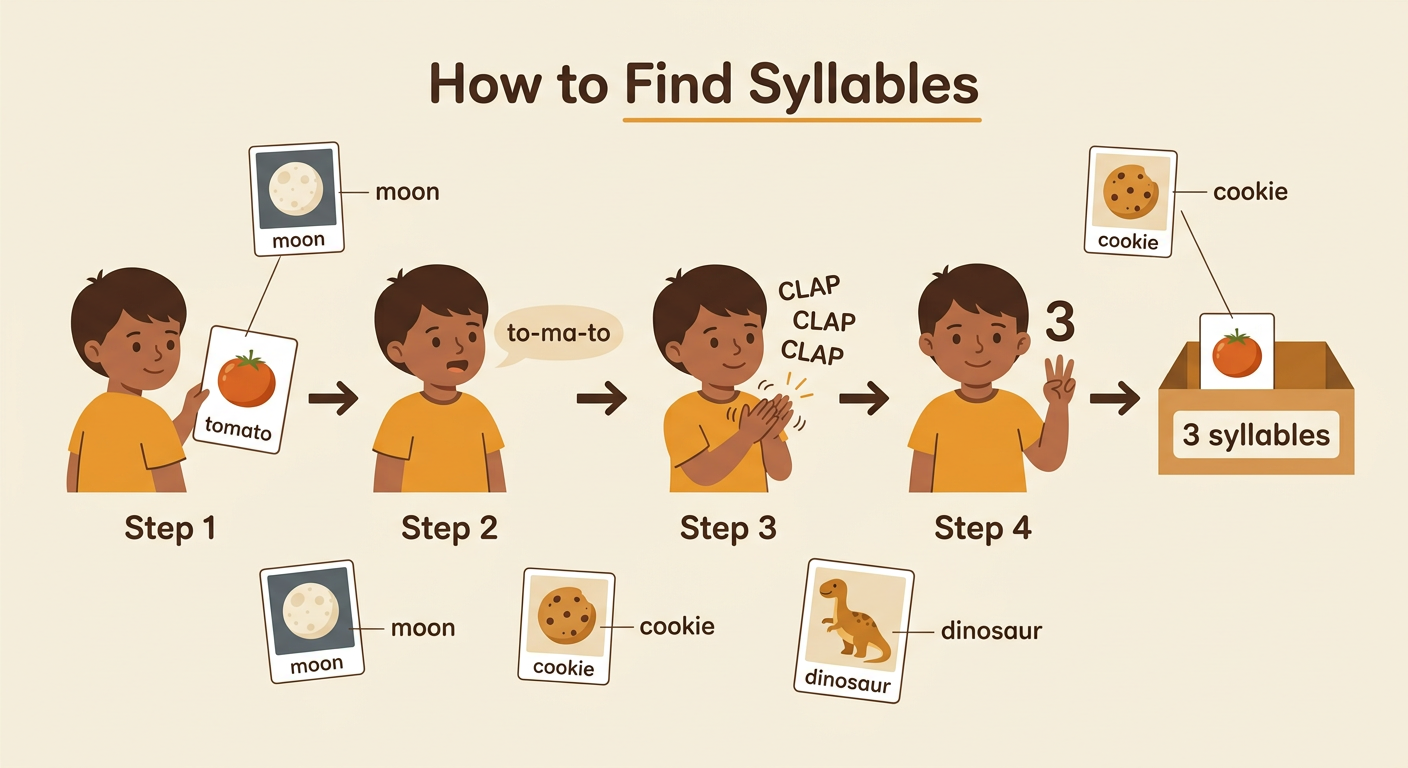 Moon, cookie, dinosaur, and tomato are shown with one, two, three, and three claps.