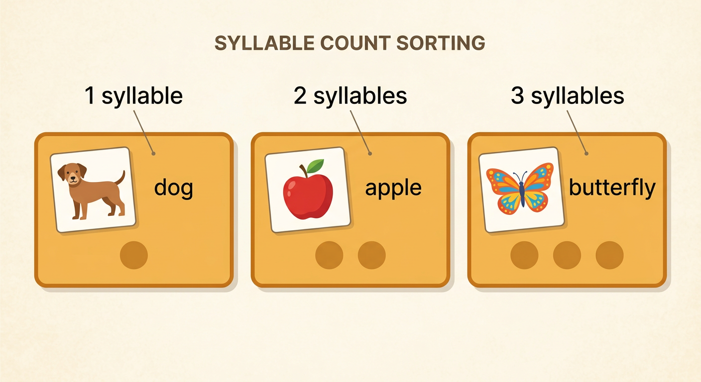 Picture cards for dog, apple, and butterfly sit on mats for one, two, and three syllables.