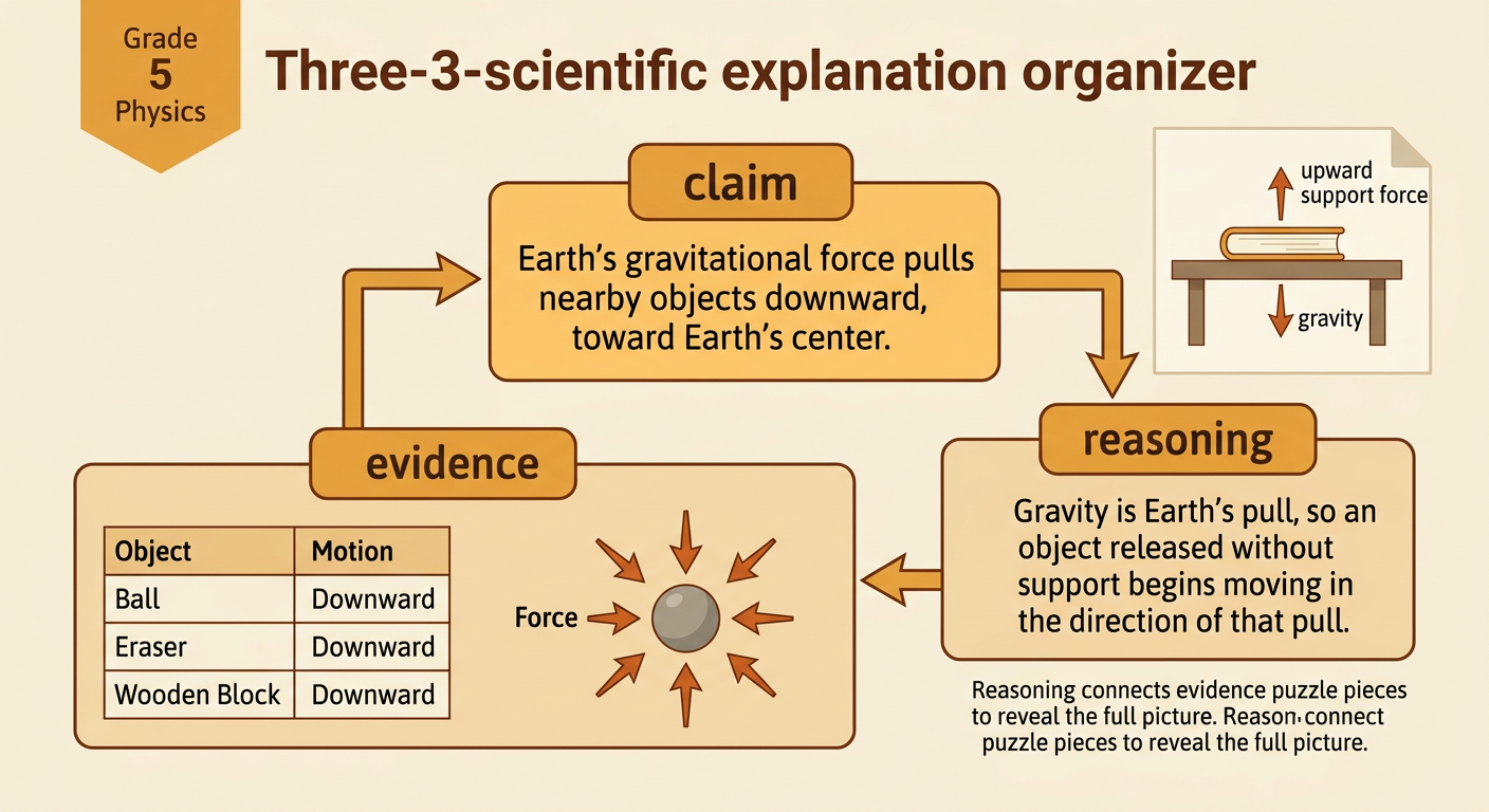 A completed explanation chart connects results from three object drops and inward-pointing arrows to a conclusion about gravity.