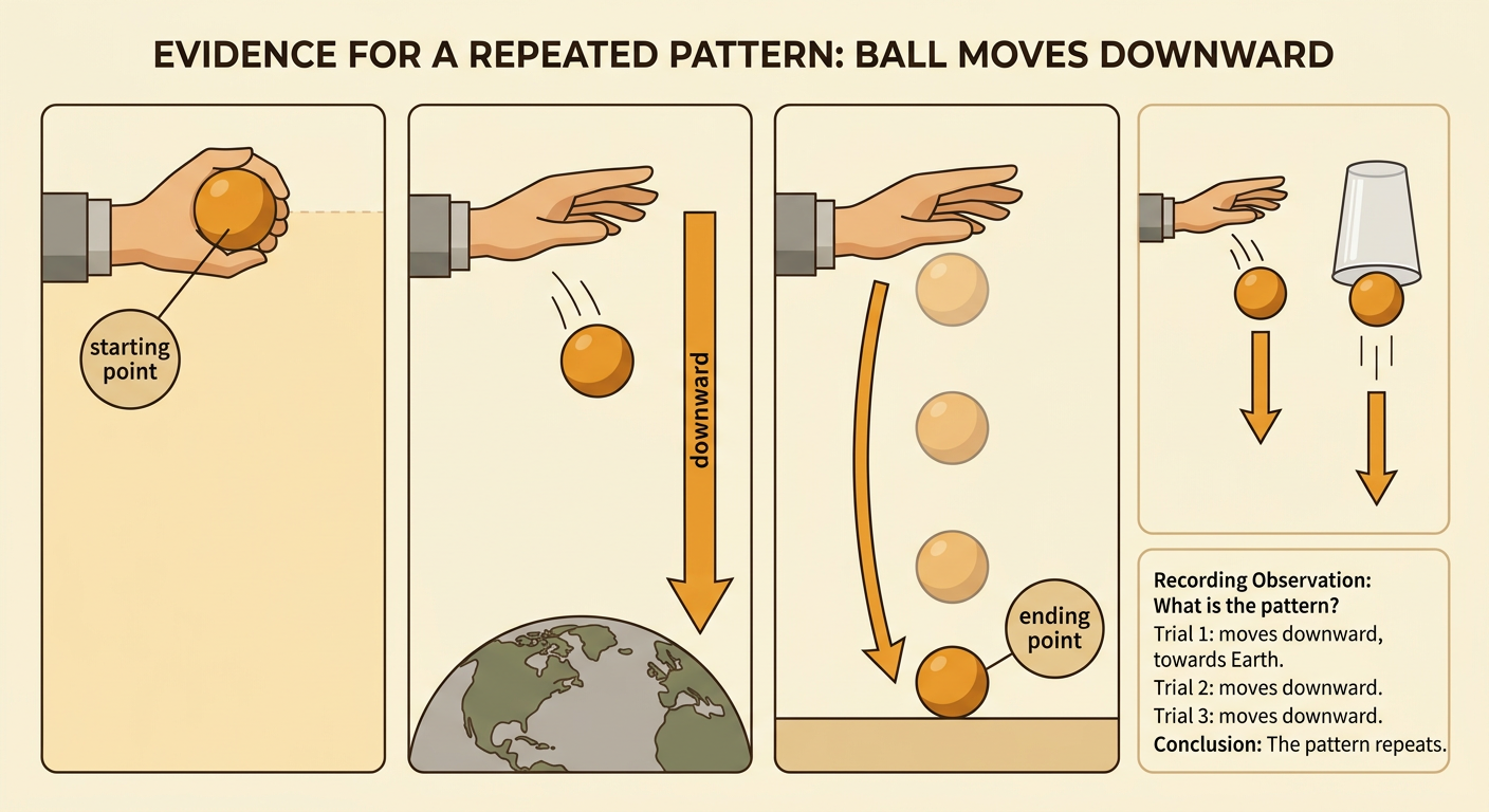 A rubber ball is shown moving from a hand at shoulder height to the floor, with an upside-down clear cup beside a second falling-ball path.