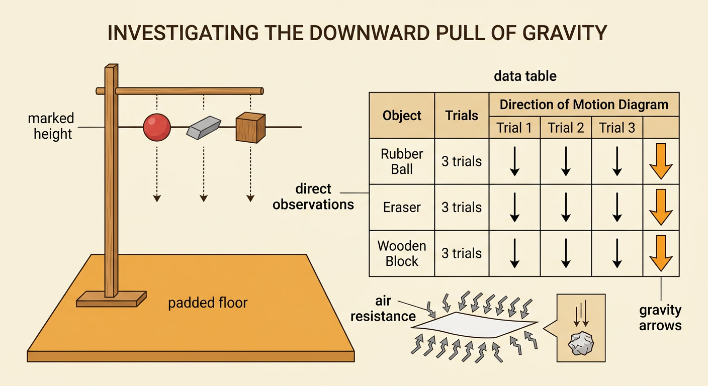 A ball, eraser, and wooden block drop from one marked height beside a completed results chart and matching downward arrows.