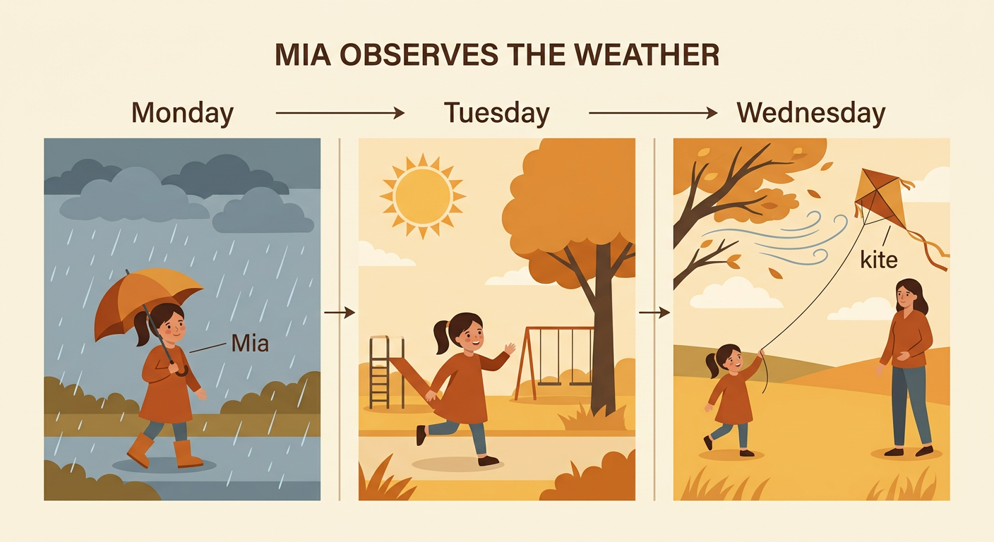 A three-day scene shows Mia in rain on Monday, sunshine on Tuesday, and wind on Wednesday.