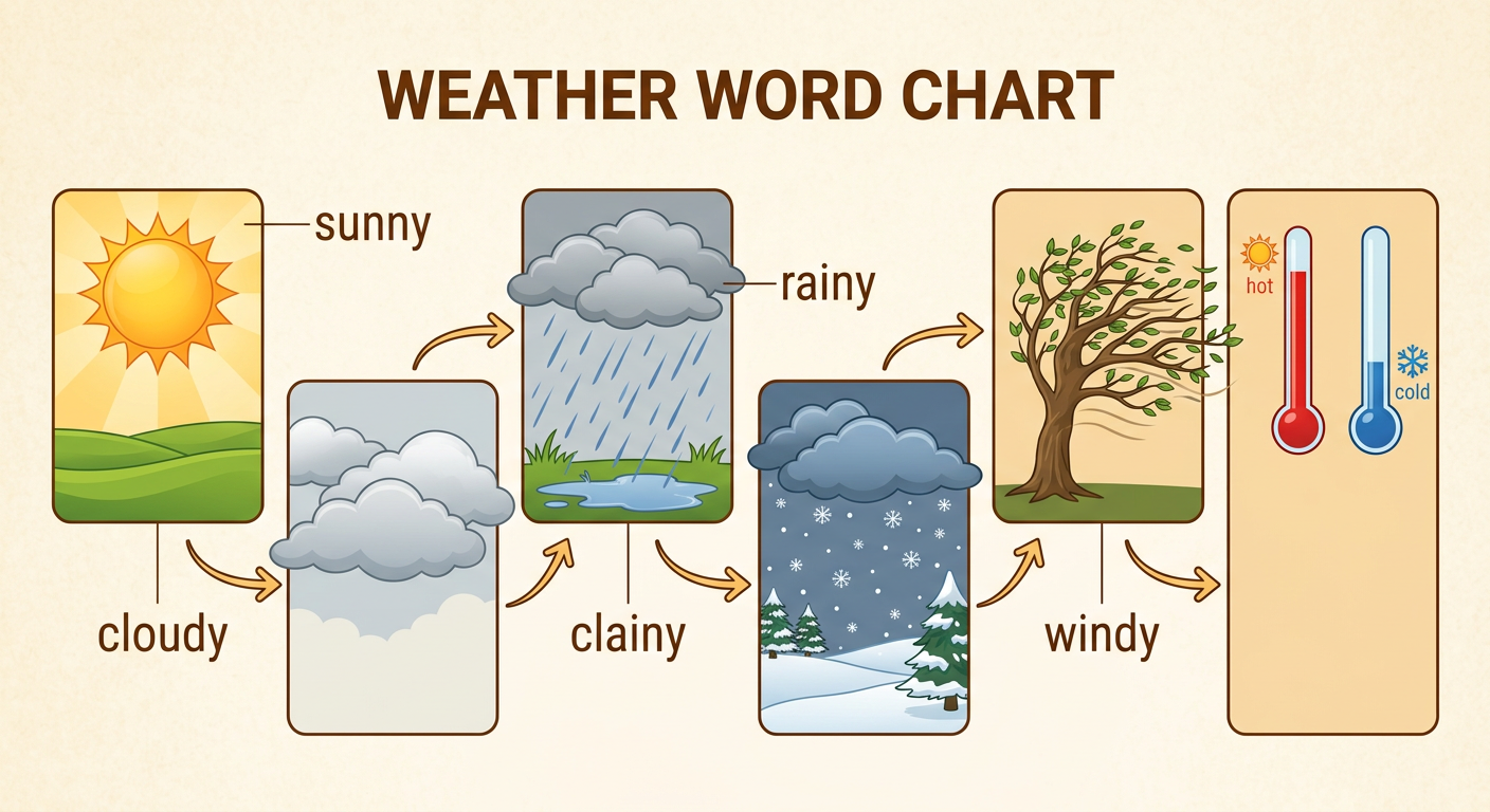 A weather scene shows four areas with bright sun, gray clouds, falling rain, and trees bending in the wind.