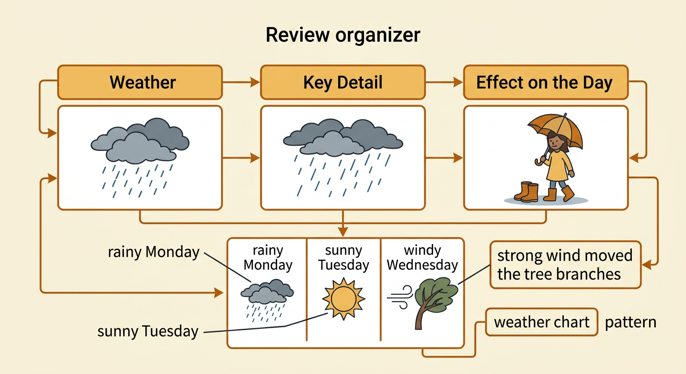 Mia’s three weather days appear beside a class chart that counts each kind of weather.