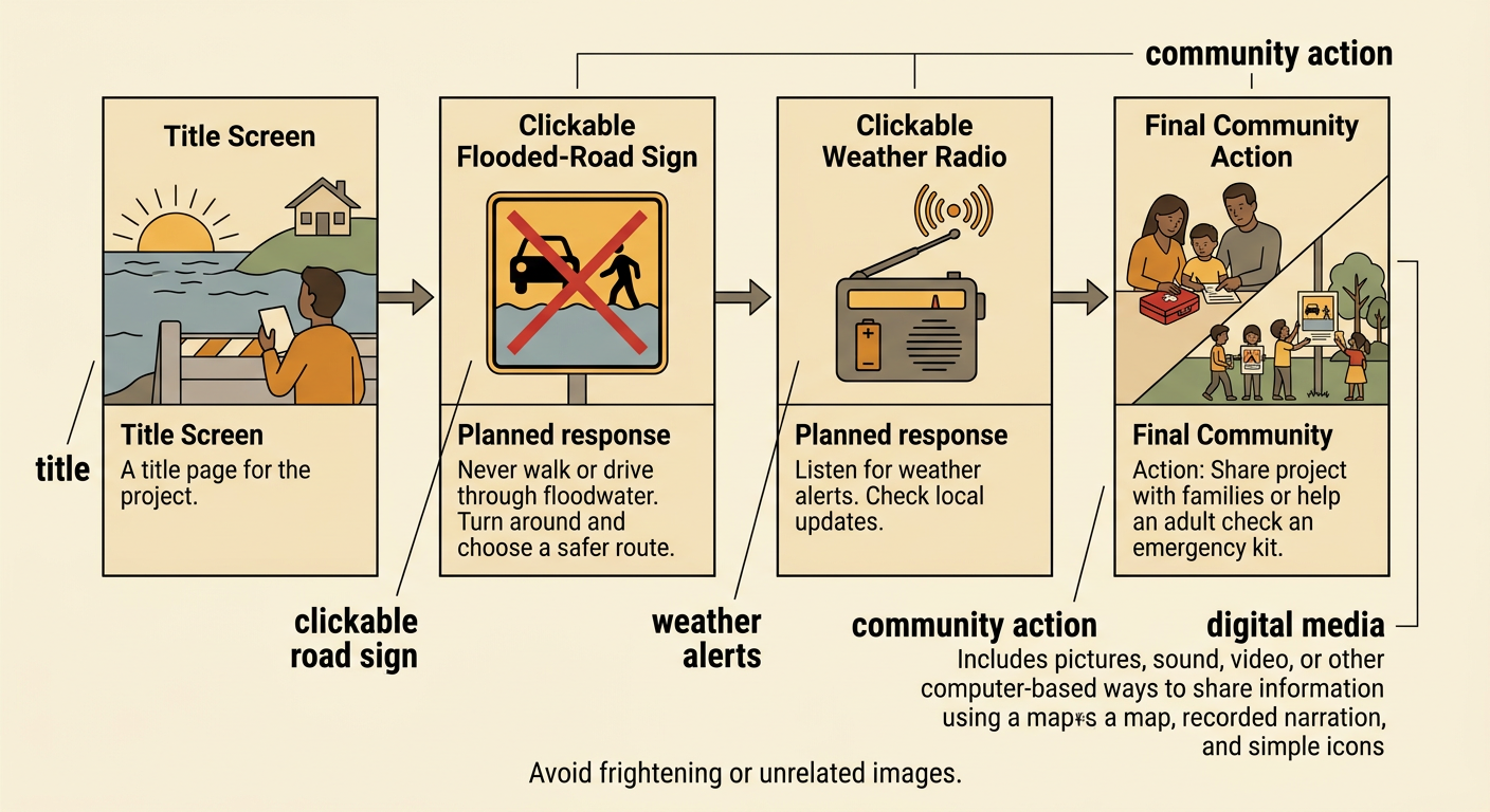 A flood safety storyboard shows a title, a road sign, a radio alert, helpful media, and a family action.