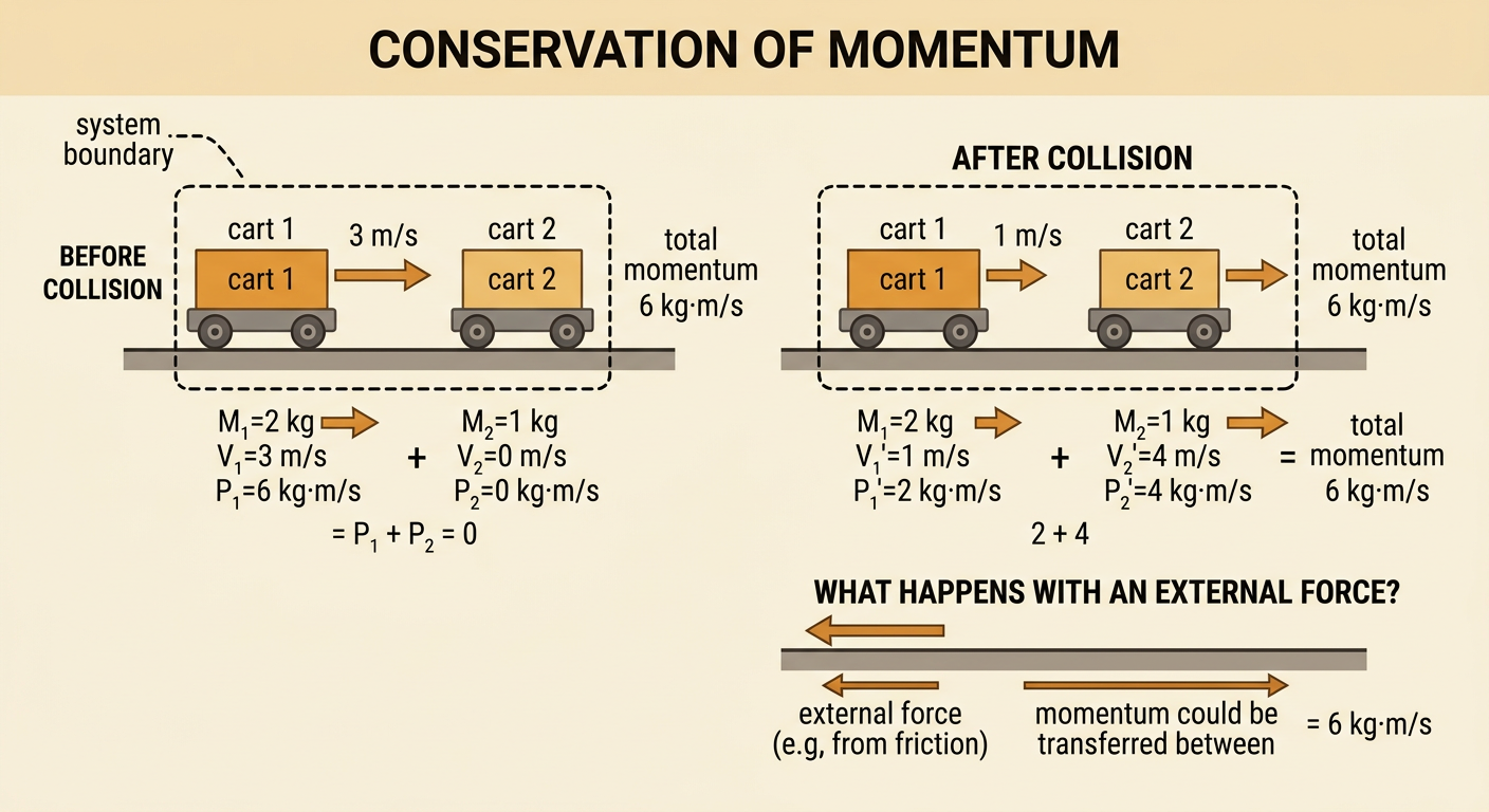 Two carts collide inside a system boundary with their momenta shown before and after impact.