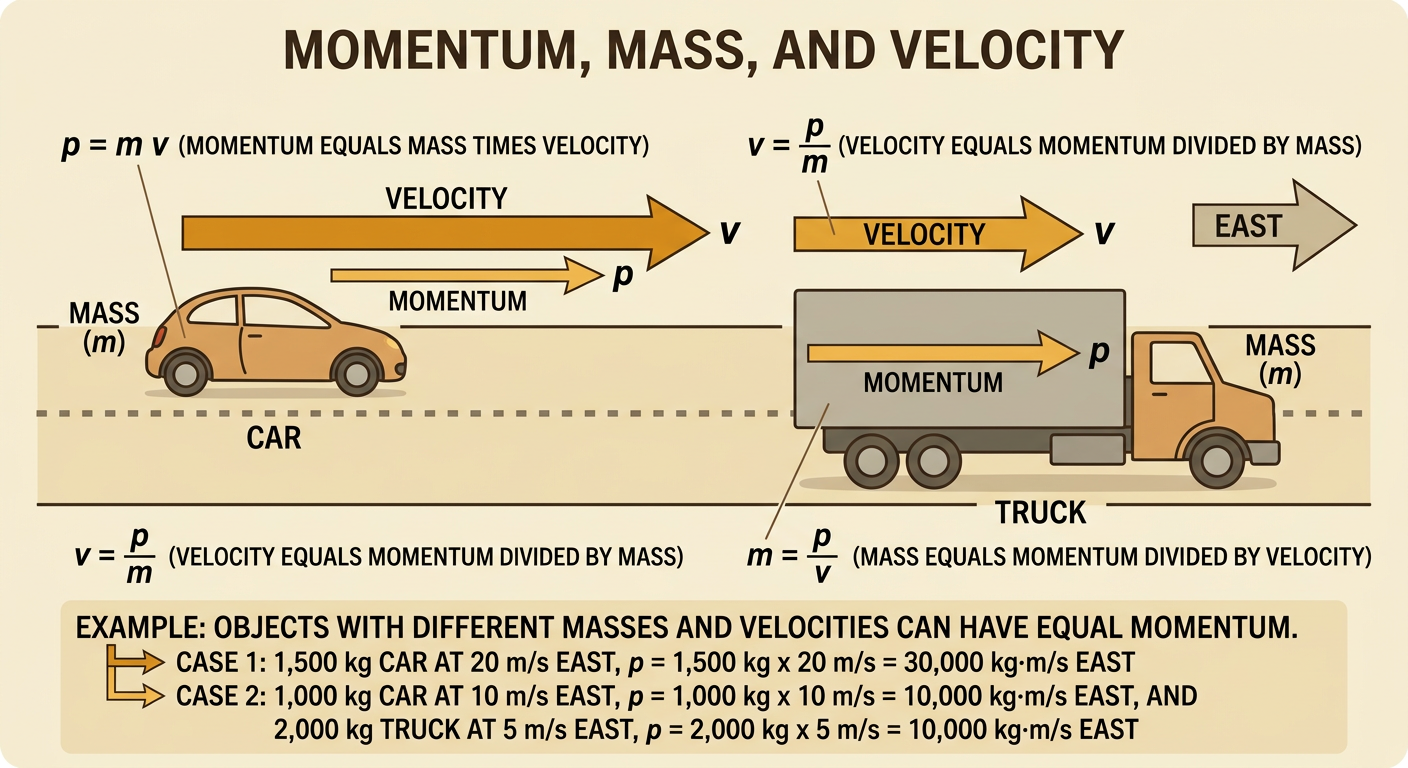 A car and truck travel east with different masses and velocities but equal momentum.