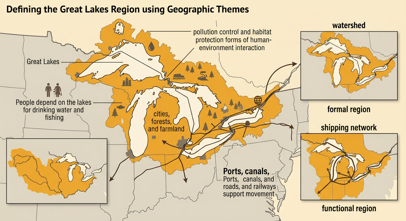 A Great Lakes map shows the international border, watershed, cities, ports, canals, and connected shipping routes.