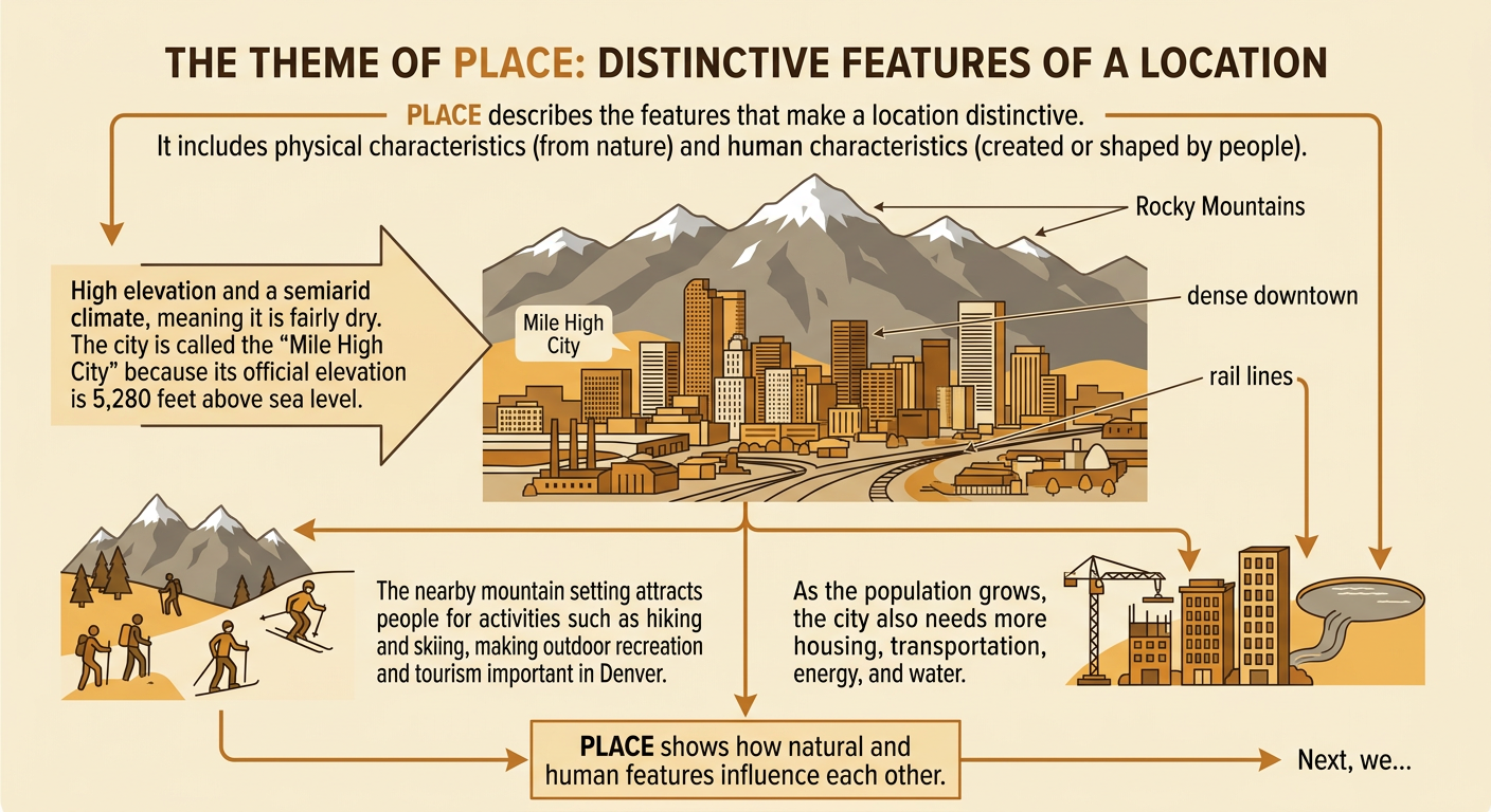 Denver's skyline and rail lines sit on a high, dry plain immediately east of the Rocky Mountains.