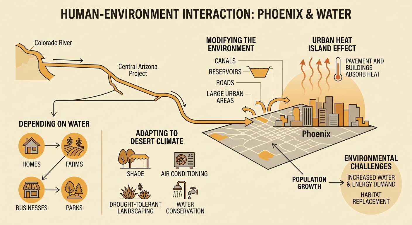 A Phoenix diagram shows desert neighborhoods receiving canal water while heat rises from pavement and buildings.