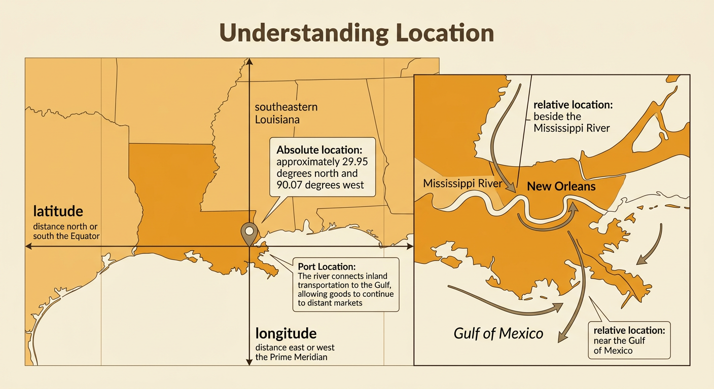 A map pinpoints New Orleans with crossing latitude and longitude lines and shows its position beside the river near the gulf.