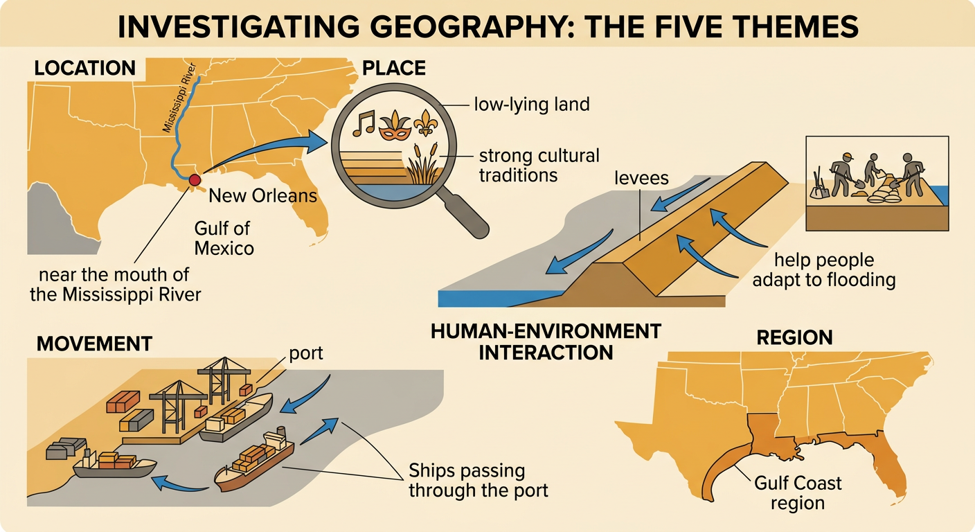A geographic investigation board shows New Orleans beside the Mississippi River with levees, port ships, and the surrounding Gulf Coast.