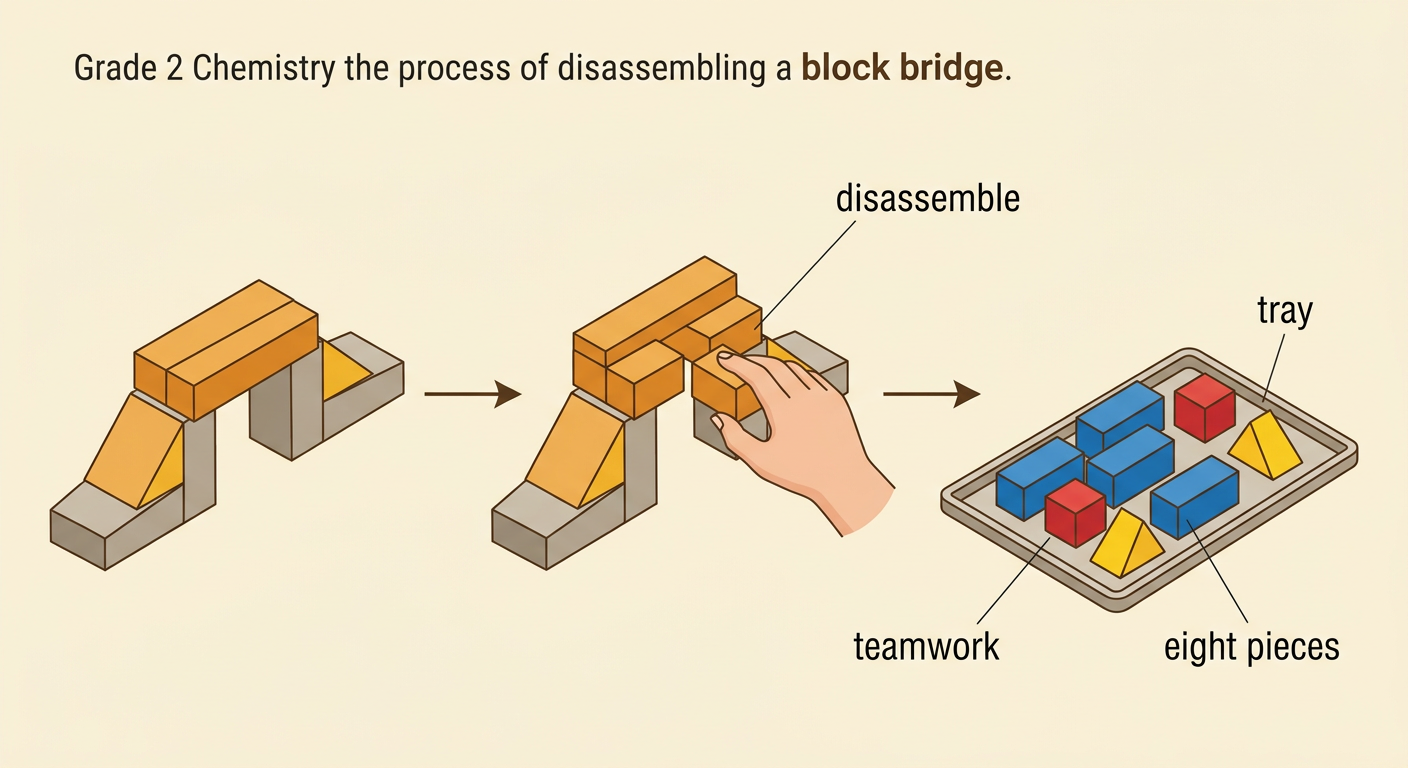 Children gently take apart the block bridge one piece at a time and place every piece on a tray.