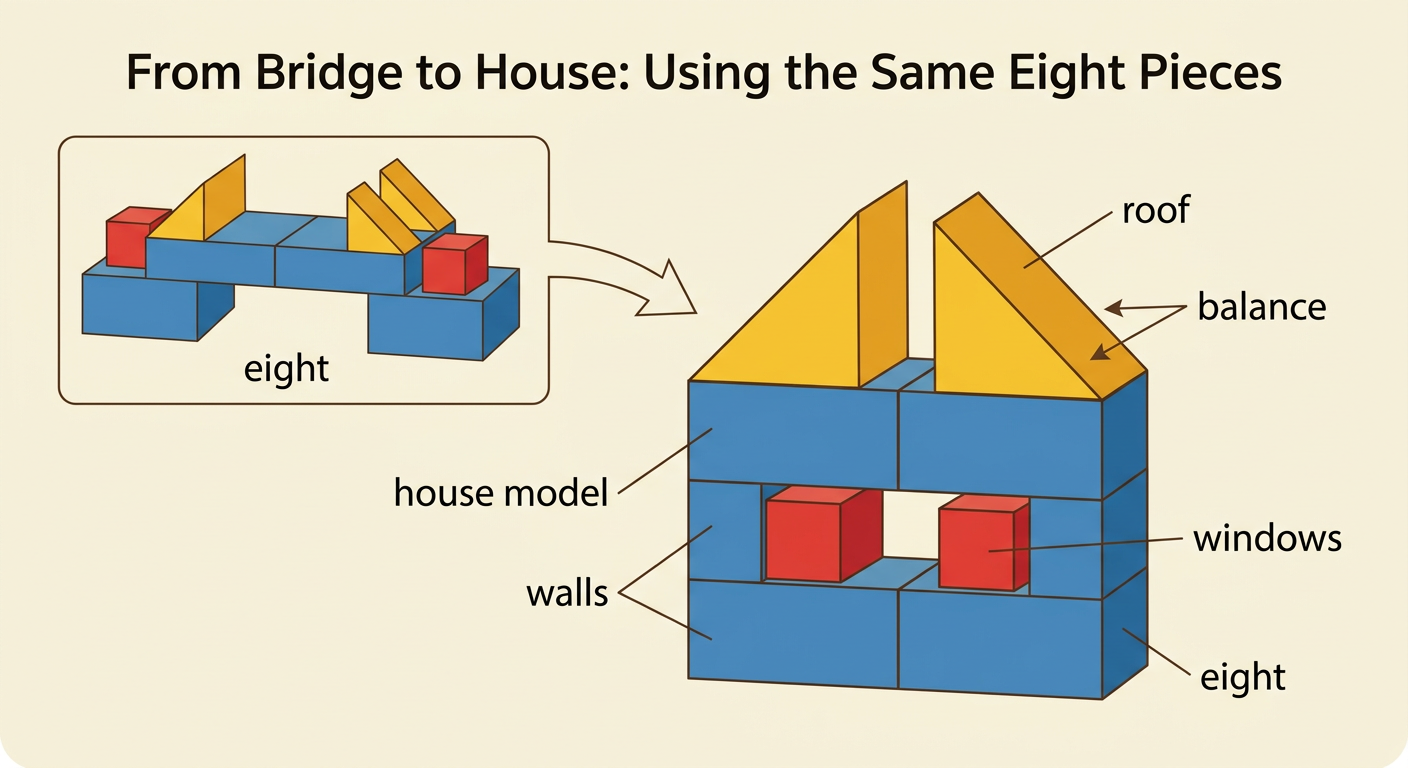 A house model made from the bridge pieces shows blue walls, red windows, and a yellow roof.