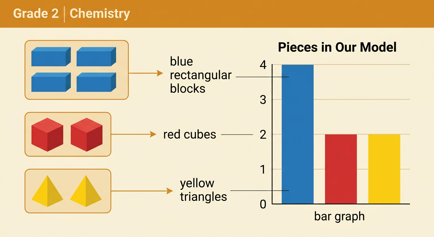 Three sorted groups of blocks sit beside a bar graph showing counts of four blue, two red, and two yellow pieces.