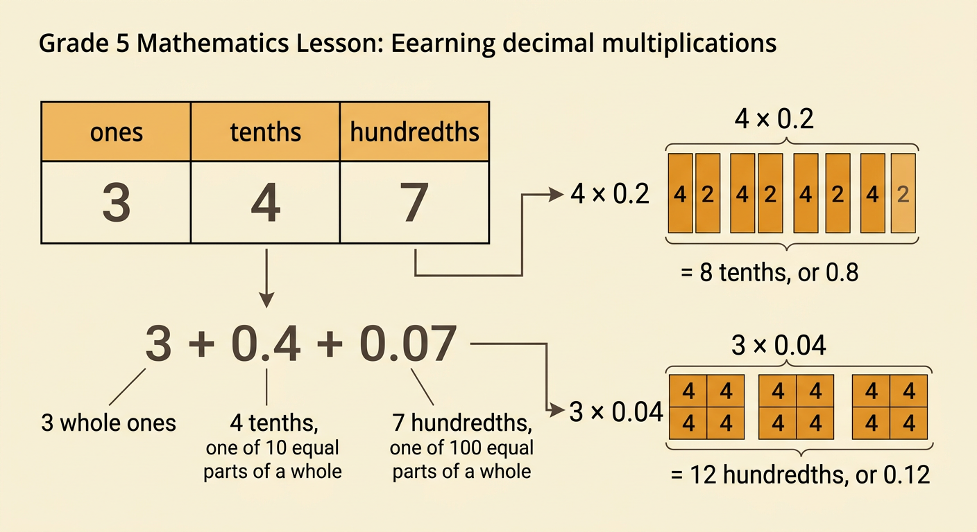 A place-value chart breaks 3.47 into ones, tenths, and hundredths beside grouped decimal strips.