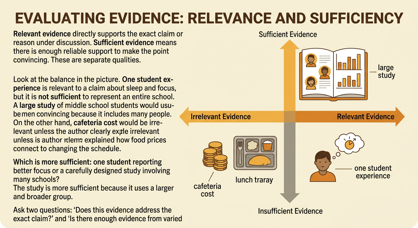 A balance compares one student experience with a large study, while an unrelated cafeteria cost sits outside the argument.