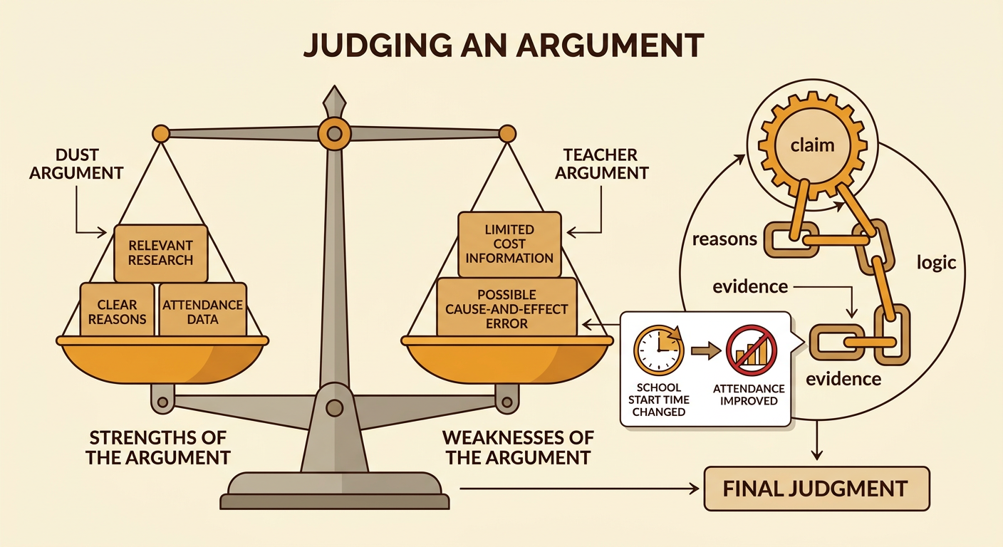 A connected argument chain leads to a balanced final judgment listing one strength and one weakness.