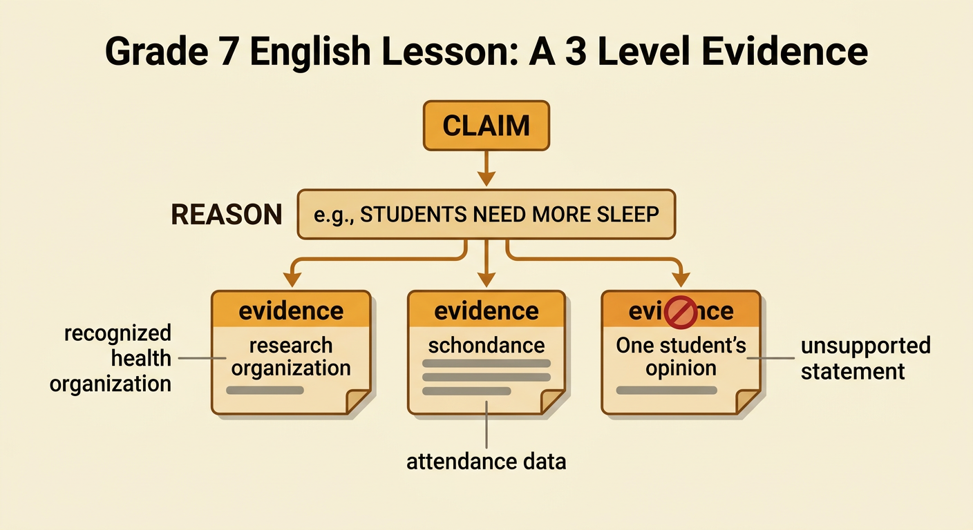 A folder of evidence contains a health study and school attendance data beside one unsupported student comment.
