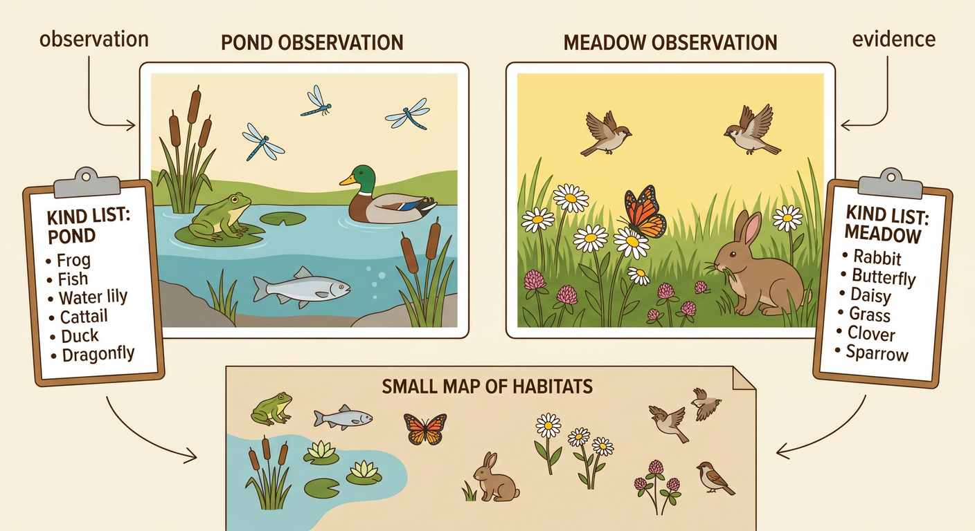 A child quietly observes a pond and meadow while recording different kinds of living things on a clipboard.