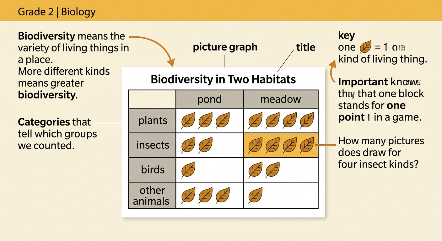 A neat picture graph uses rows of equal leaf symbols to show the pond and meadow counts in four categories.