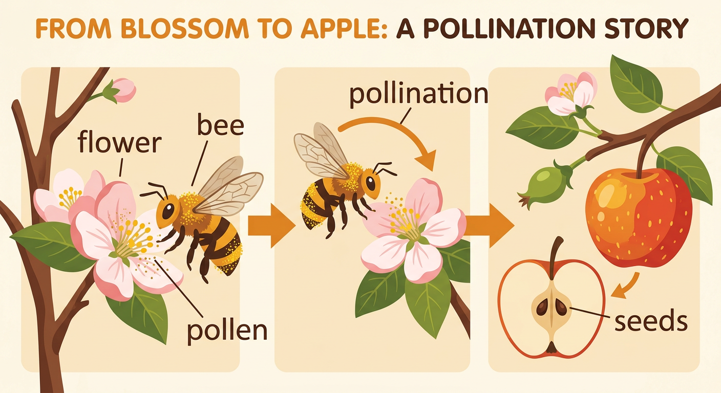 A bee carries pollen between apple blossoms while a nearby cut apple reveals seeds inside.
