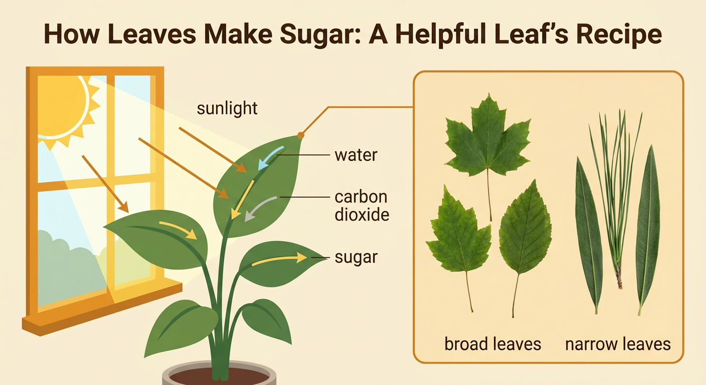 A houseplant turns toward a sunny window beside sorted groups of broad maple leaves and narrow pine needles.