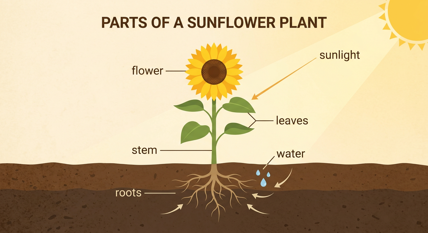 A sunflower stands in a sunny garden beside a smaller forest plant, with all major plant parts visible above and below the soil.
