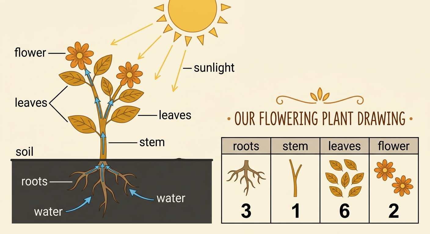 A child’s labeled plant drawing shows roots below damp soil, a stem, six leaves, two flowers, water arrows, and sunlight.