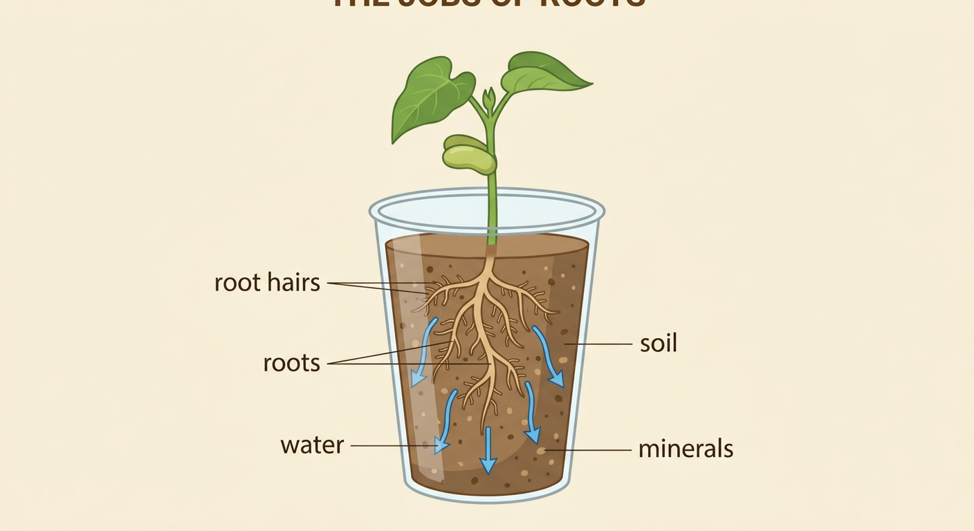 A bean plant grows in a clear cup as water soaks through soil toward spreading white roots and tiny root hairs.