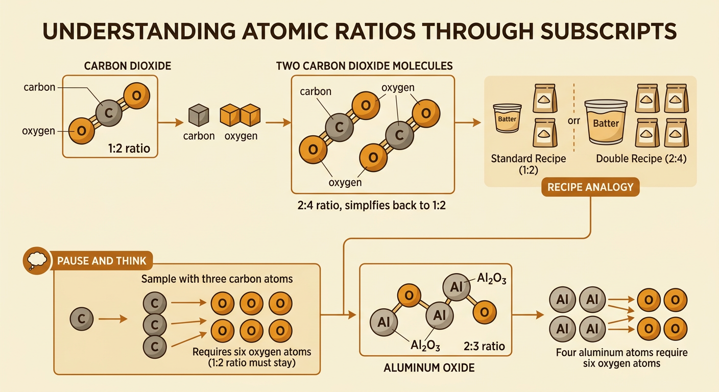 Carbon dioxide groups and an aluminum oxide count model show fixed atomic ratios at two sample sizes.