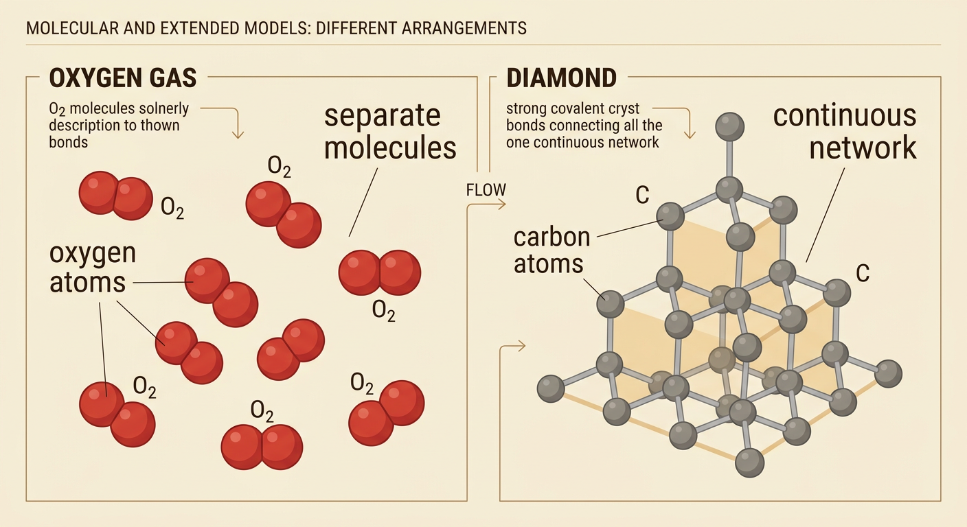 Side-by-side models contrast separated oxygen pairs with diamond’s continuous carbon network.