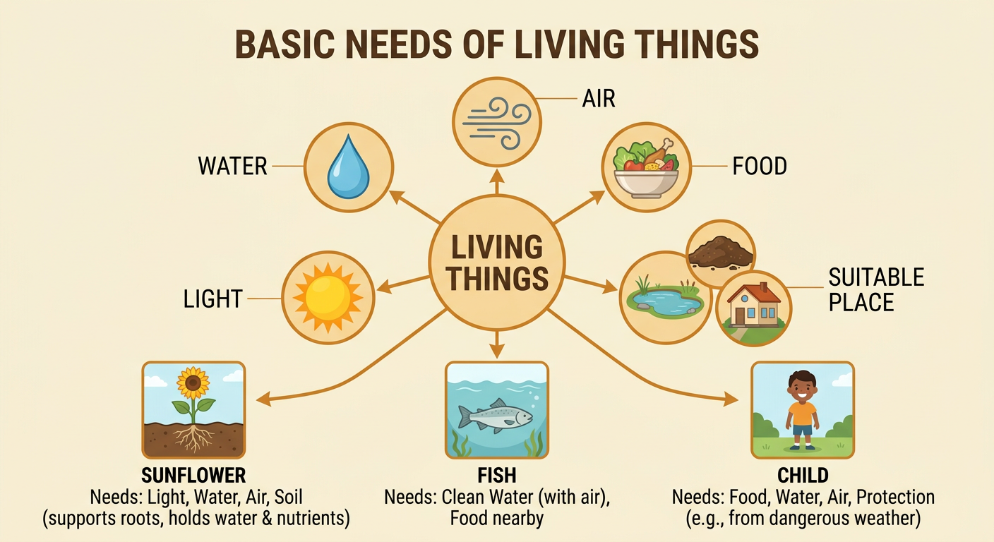 A fish, a sunflower, and a person are surrounded by the basic things they need.