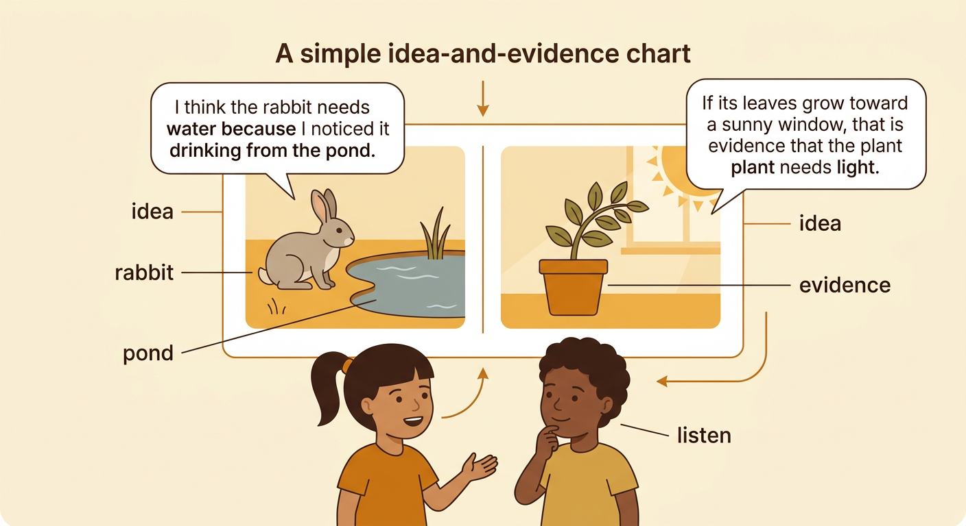 A child explains an idea using a picture of a rabbit drinking from a pond as evidence.