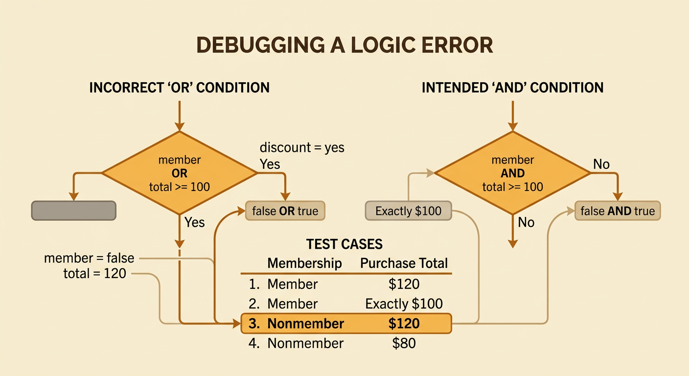A requirement-to-code comparison exposes an OR error and shows the corrected AND condition for a discount.