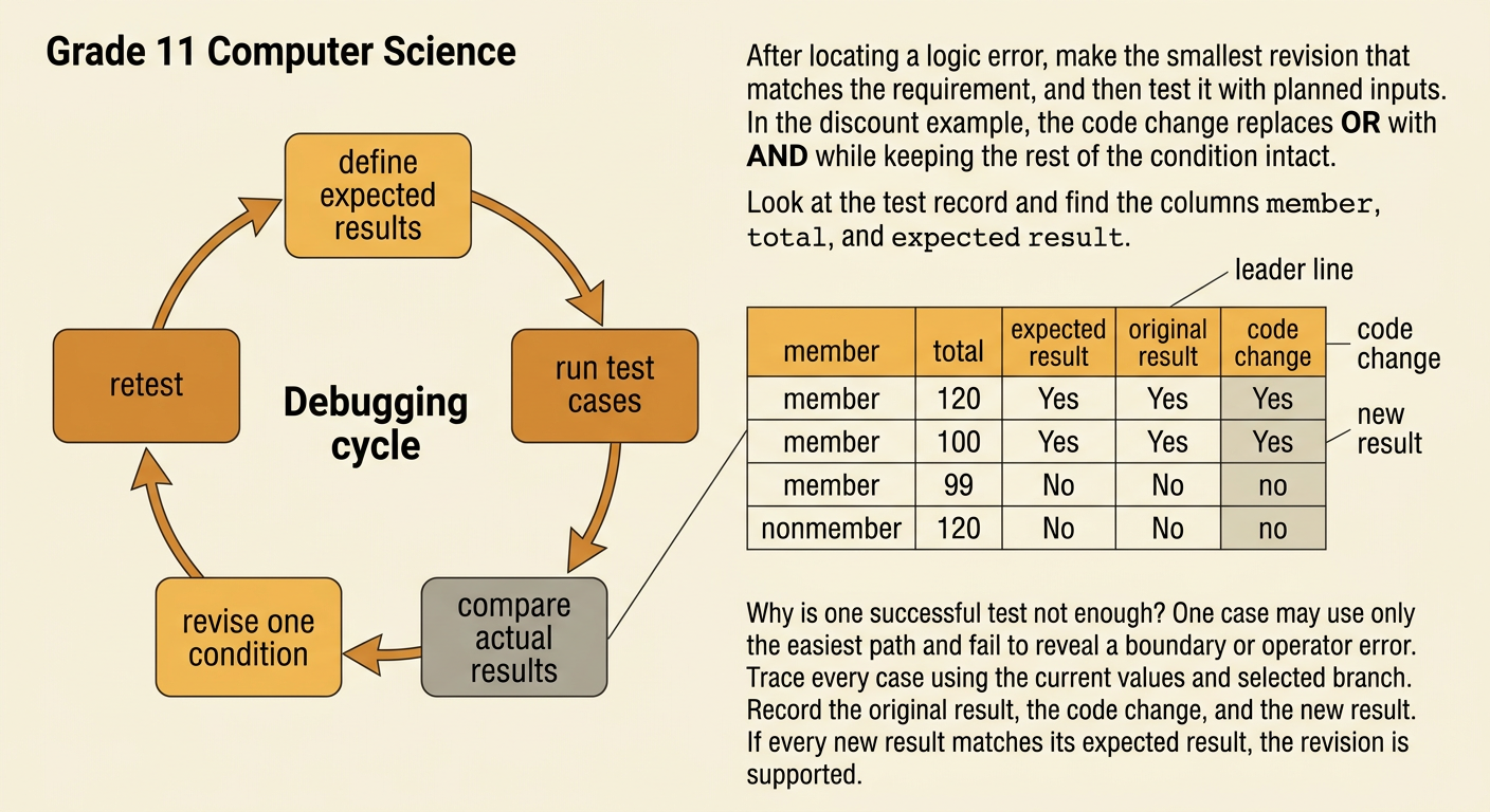 A four-case test record compares expected and new discount results after a one-operator code change.