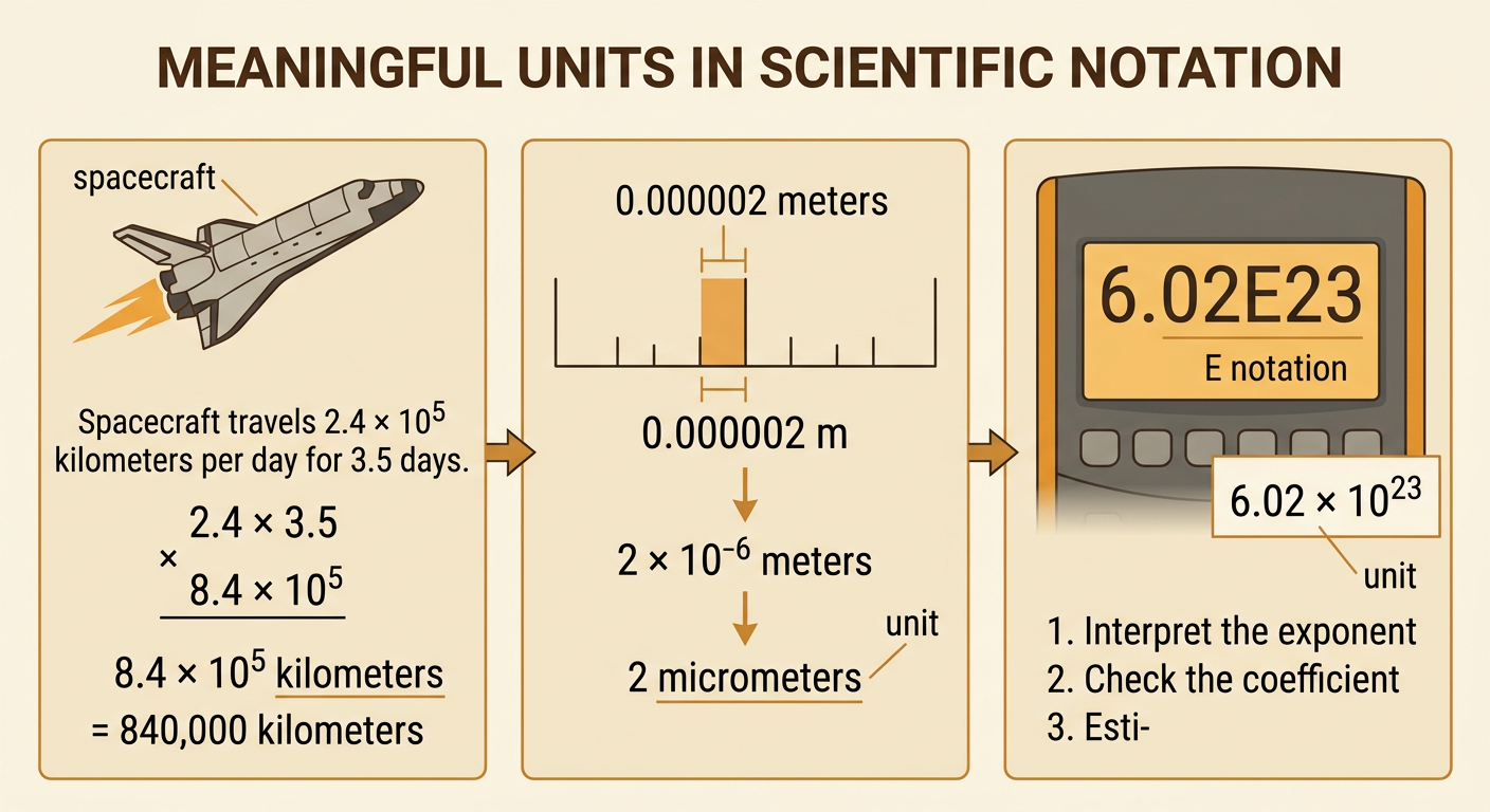 A spacecraft distance calculation appears beside a microscopic length and a calculator display using E notation.