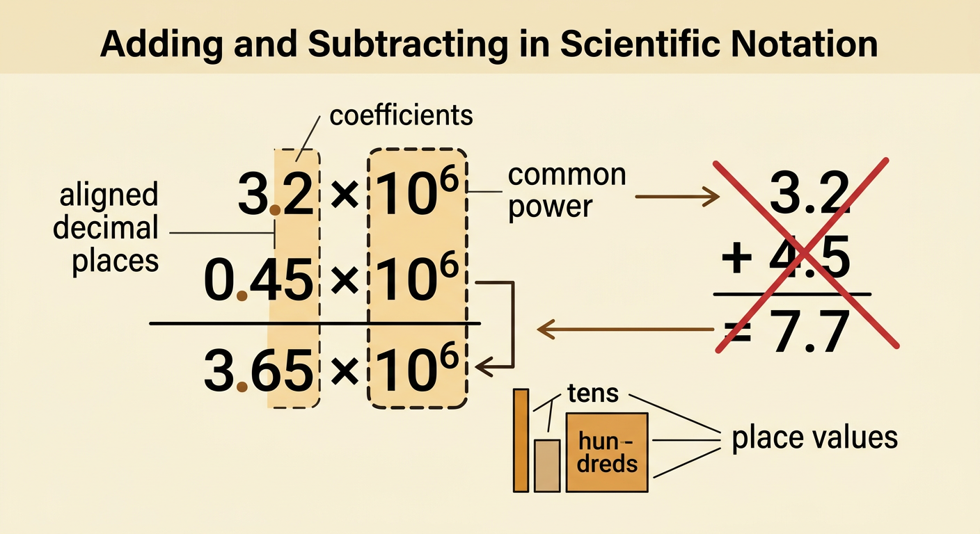 Two vertically aligned examples show addition and subtraction after each pair is rewritten with a common power.