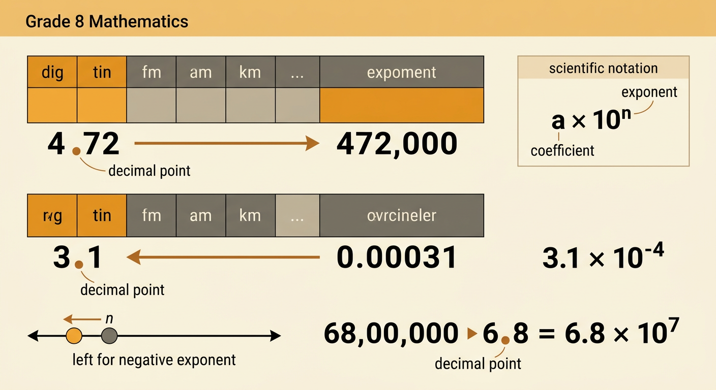 A diagram shows positive and negative powers moving a decimal point and converts 68,000,000 to scientific notation.